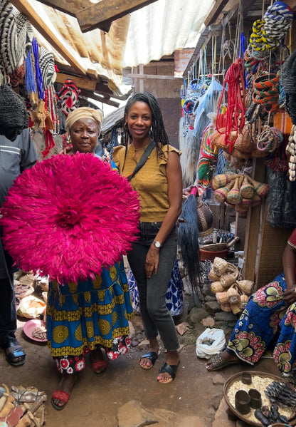 Nasozi Kakembo Sourcing Cameroonian Juju hats for wall decor, directly from artisans