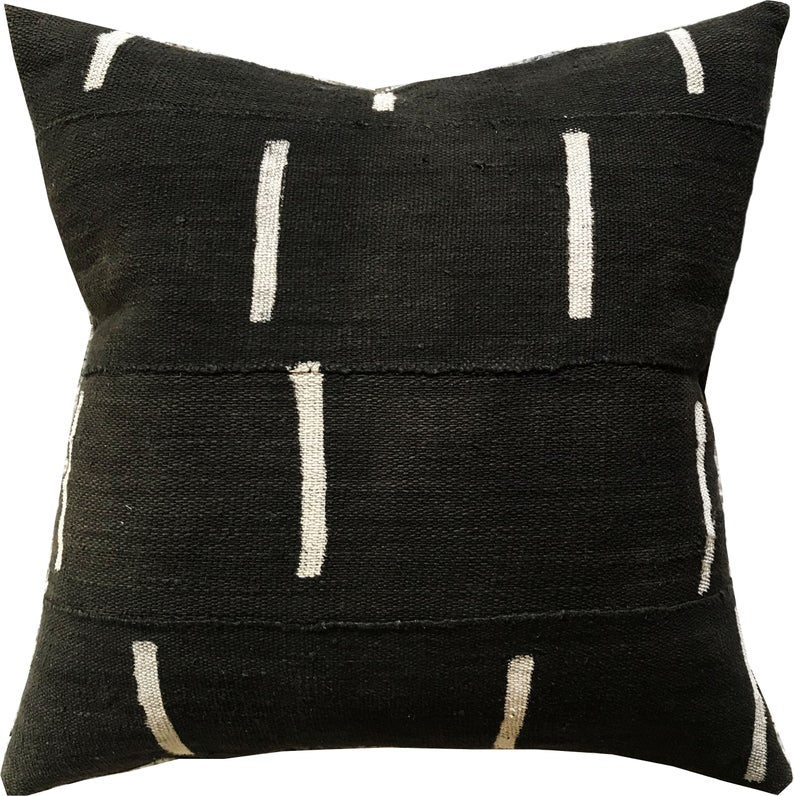 Handcrafted African mudcloth pillow with geometric designs, made in USA, designed in Mali.