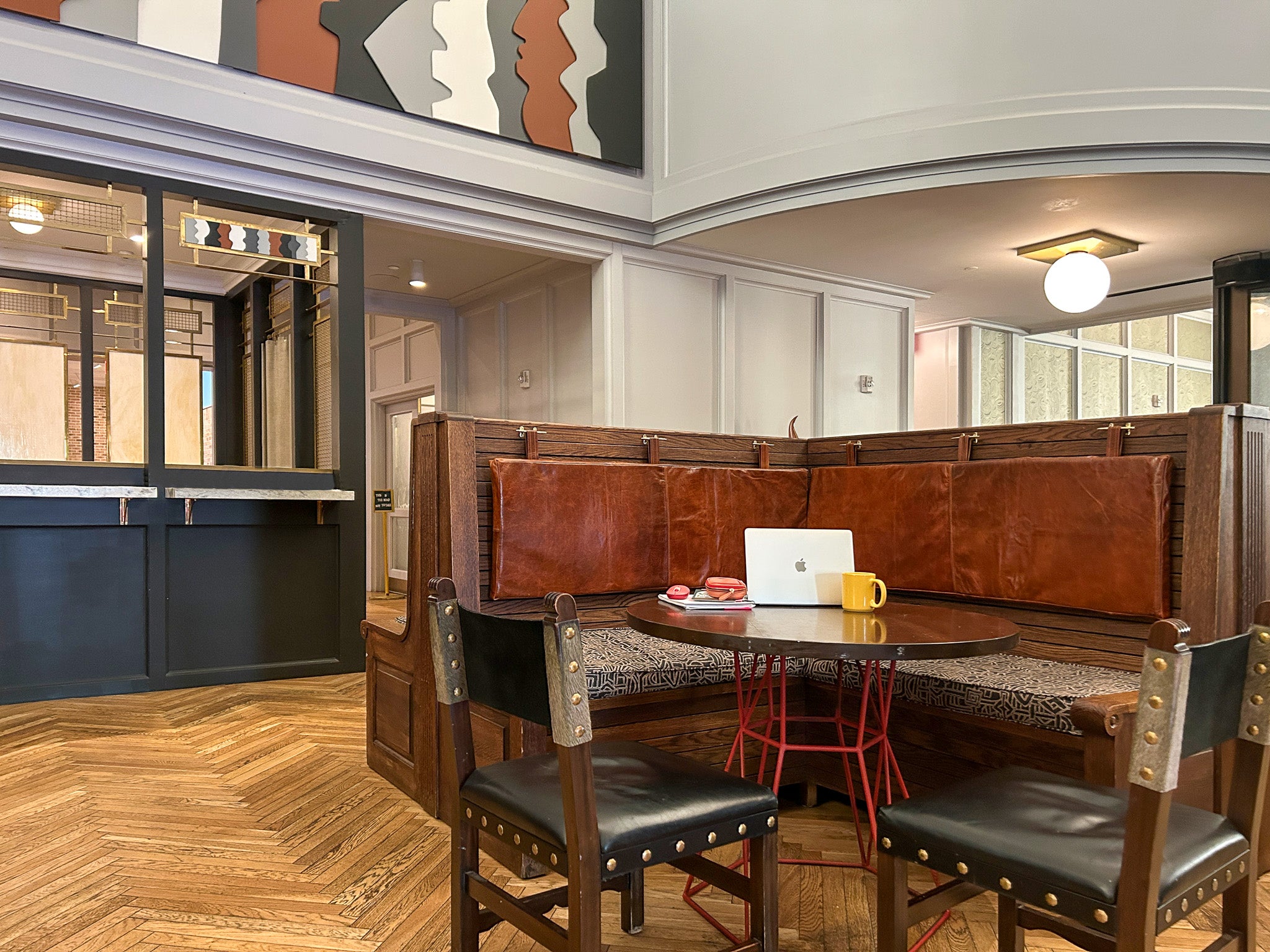 Interior design project for The Line Hotel in Washington, DC. Custom leather backrests and cushion seating for the dining and event venue.