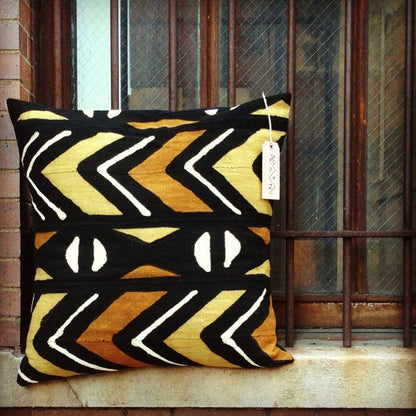 Brown, black, and white mudcloth pillow with geometric designs, made in USA, designed in Mali