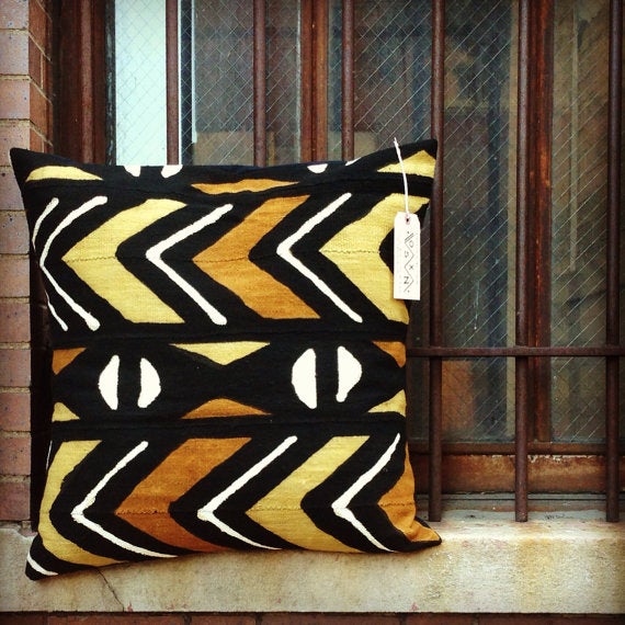 Brown, black, and white mudcloth pillow with geometric designs, made in USA, designed in Mali