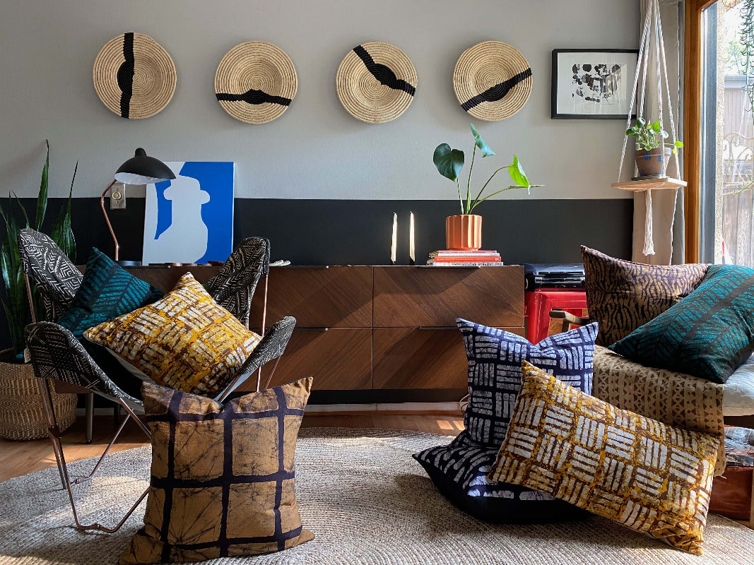 Batik textile home goods for modern Boho home, pillows made in Tanzania. Fair Trade, African ART and African baskets.