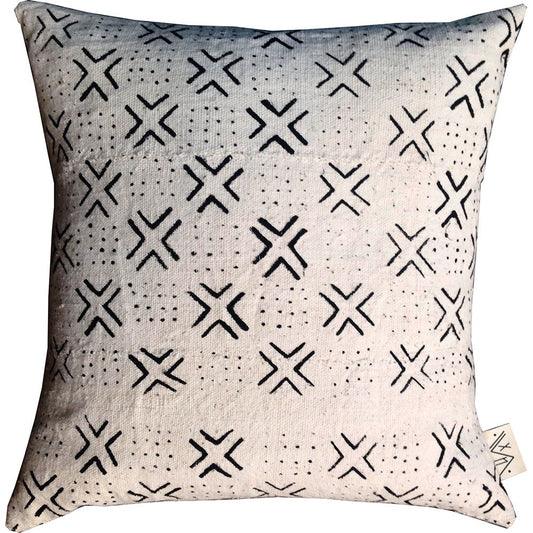 Handcrafted African mudcloth pillow in minimalist white with black design for modern homes. Bohemian chic.