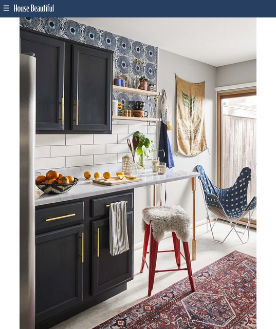 As seen in House Beautiful magazine. Bohemian chic blue wallpaper in the kitchen with open shelving. Inspired by classic African wax print designs. Also perfect fro mudrooms, entryways, and bedrooms.
