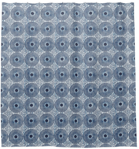 African wax print shower curtain in black and white, modern bathroom. Global homes and eclectic interior design in Brooklyn, Washington, DC, San Francisco.