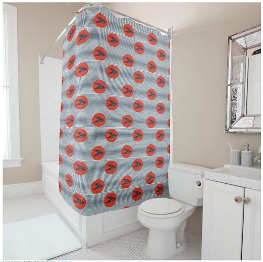 African fabric shower curtain in black and white, modern bathroom. Global homes and eclectic interior design in Brooklyn, Washington, DC, San Francisco.