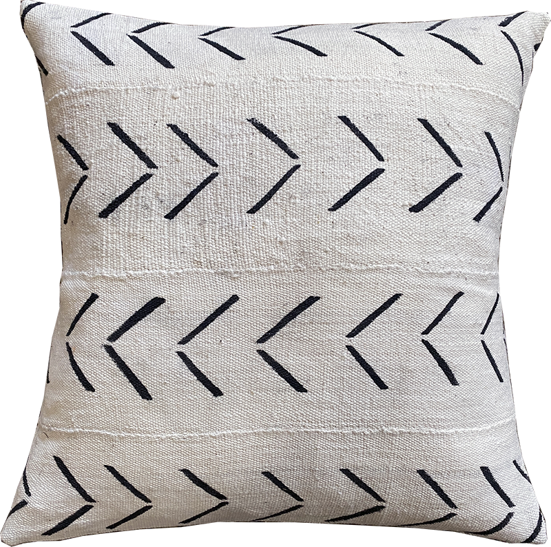 Handcrafted white mudcloth pillow with geometric designs, made in USA, designed in Mali